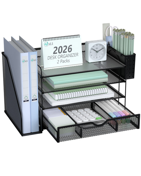 WALI Desk File Organizer, 4 Tier Desktop Paper Letter Tray Organizer with Drawer and 2 Pen Holders, Office Desk Accessories & Workspace Organizers for Office, Home Supplies(DO005DH-2B), 2 Packs, Black