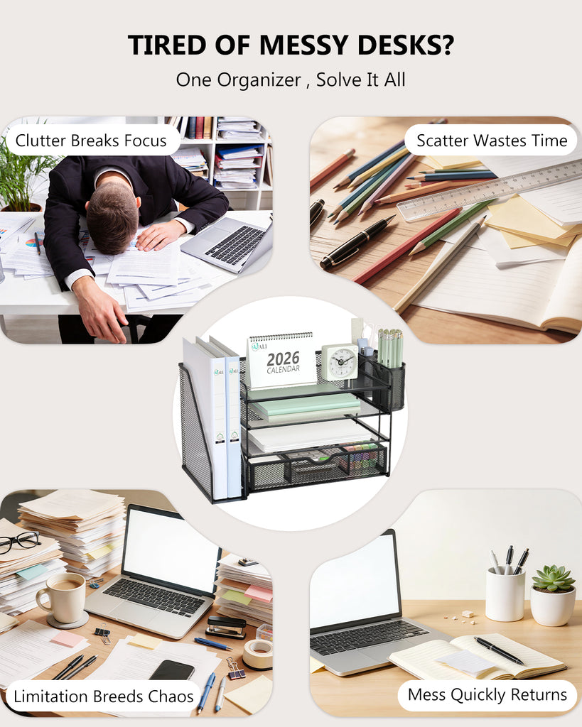 WALI Desk File Organizer, 4 Tier Desktop Paper Letter Tray Organizer with Drawer and 2 Pen Holders, Office Desk Accessories & Workspace Organizers for Office, Home Supplies(DO005DH-B), 1 Pack, Black
