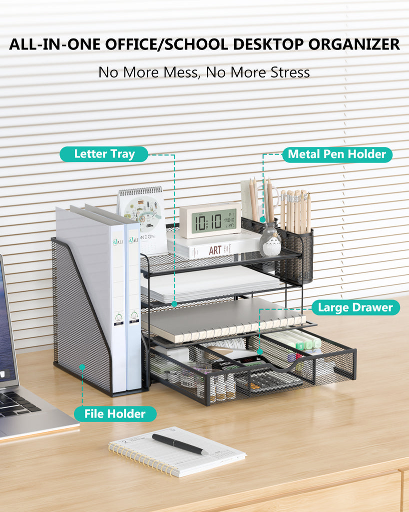 WALI Desk File Organizer, 4 Tier Desktop Paper Letter Tray Organizer with Drawer and 2 Pen Holders, Office Desk Accessories & Workspace Organizers for Office, Home Supplies(DO005DH-B), 1 Pack, Black