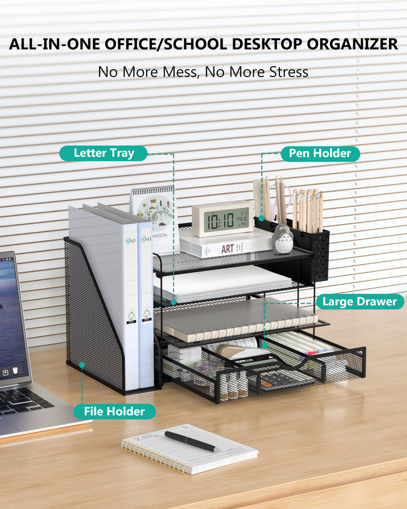 WALI Desk File Organizer, 4 Tier Desktop Paper Letter Tray Organizer with Drawer and 2 Pen Holders, Office Desk Accessories & Workspace Organizers for Office, Home Supplies(DO005DH-2B), 2 Packs, Black