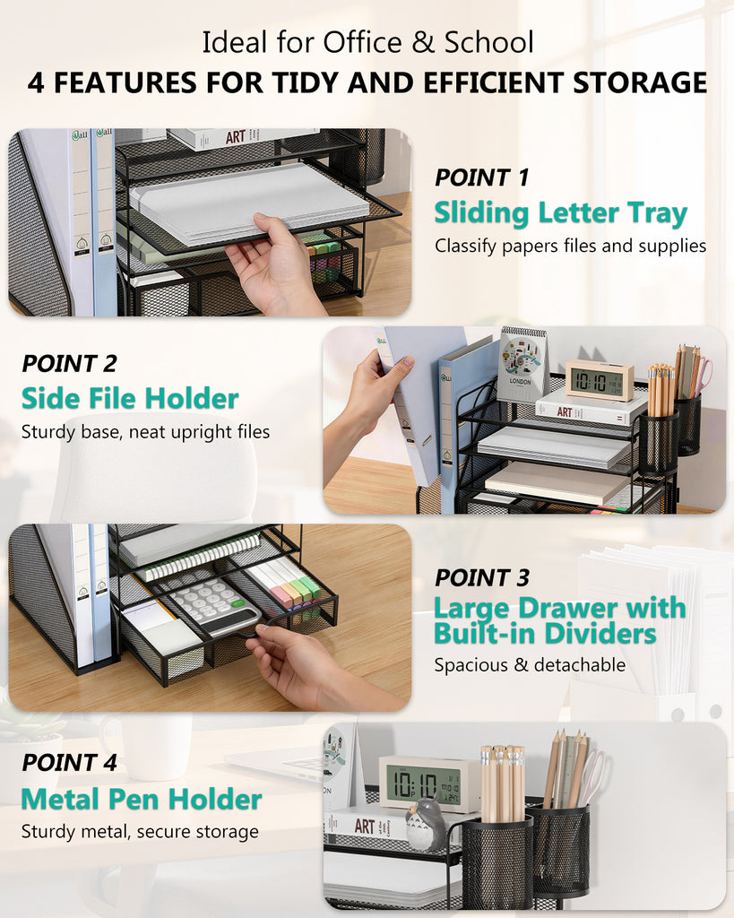 WALI Desk File Organizer, 4 Tier Desktop Paper Letter Tray Organizer with Drawer and 2 Pen Holders, Office Desk Accessories & Workspace Organizers for Office, Home Supplies(DO005DH-B), 1 Pack, Black