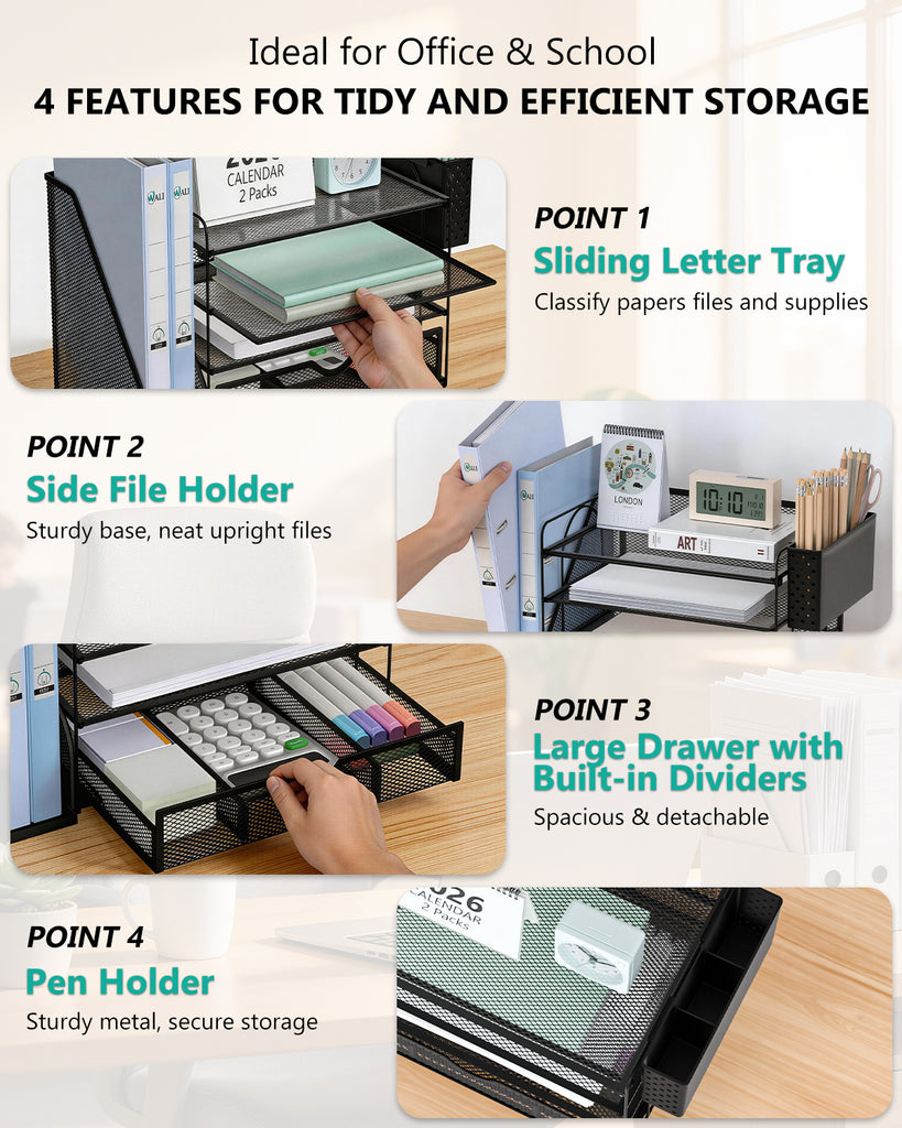 WALI Desk File Organizer, 4 Tier Desktop Paper Letter Tray Organizer with Drawer and 2 Pen Holders, Office Desk Accessories & Workspace Organizers for Office, Home Supplies(DO005DH-2B), 2 Packs, Black