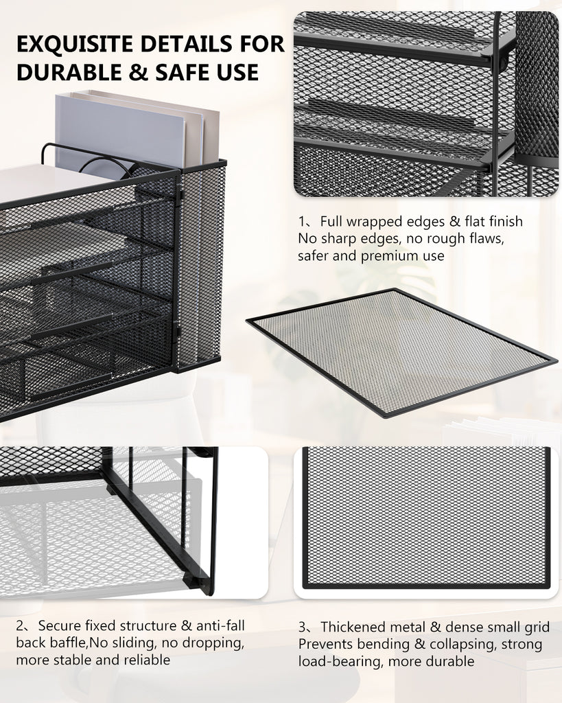 WALI Desk File Organizer, 4 Tier Desktop Paper Letter Tray Organizer with Drawer and 2 Pen Holders, Office Desk Accessories & Workspace Organizers for Office, Home Supplies(DO005DH-B), 1 Pack, Black