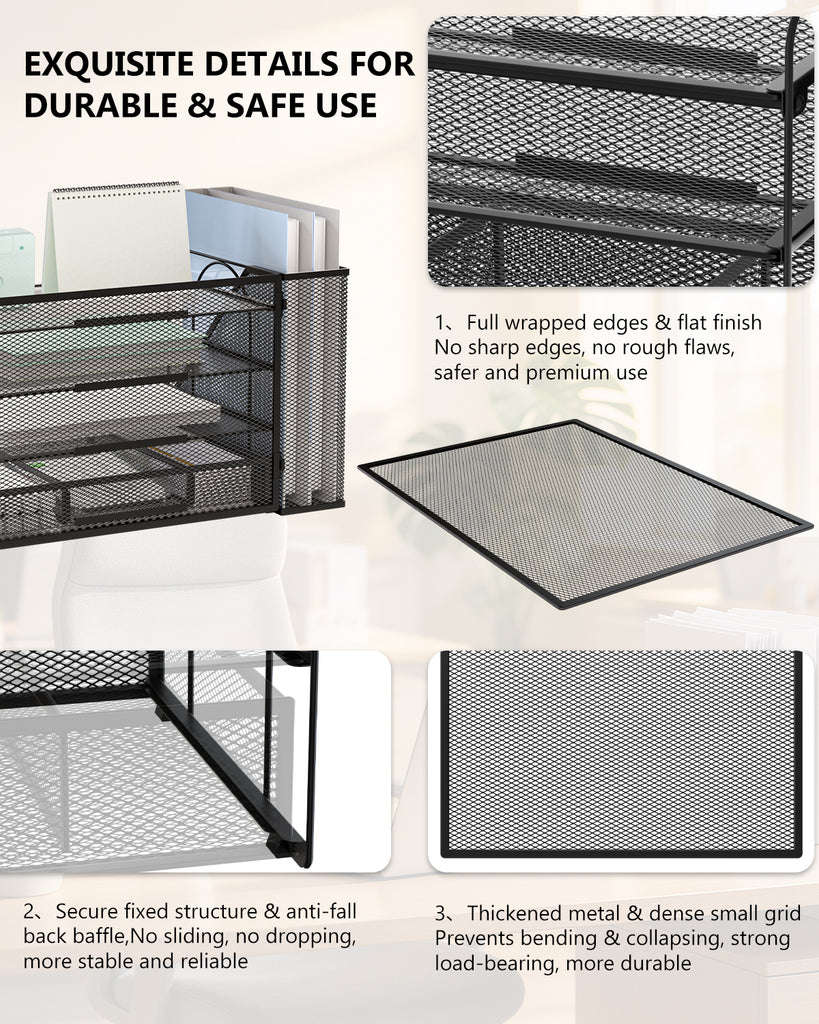 WALI Desk File Organizer, 4 Tier Desktop Paper Letter Tray Organizer with Drawer and 2 Pen Holders, Office Desk Accessories & Workspace Organizers for Office, Home Supplies(DO005DH-2B), 2 Packs, Black