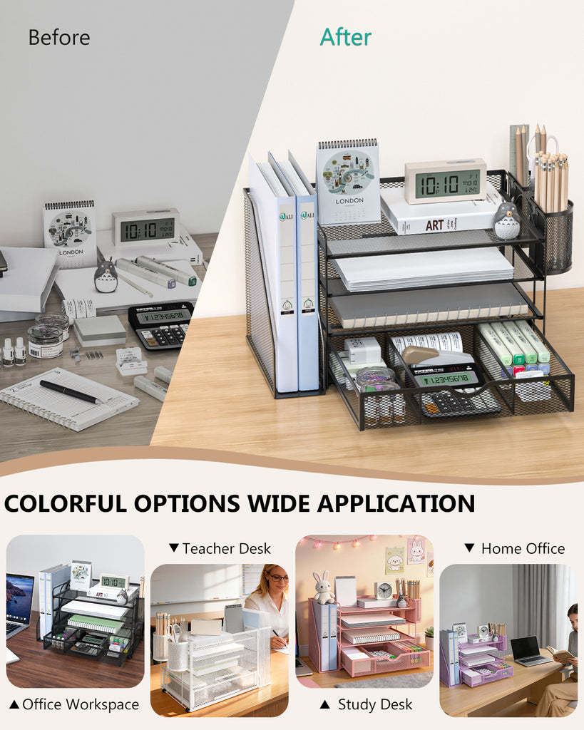 WALI Desk File Organizer, 4 Tier Desktop Paper Letter Tray Organizer with Drawer and 2 Pen Holders, Office Desk Accessories & Workspace Organizers for Office, Home Supplies(DO005DH-B), 1 Pack, Black