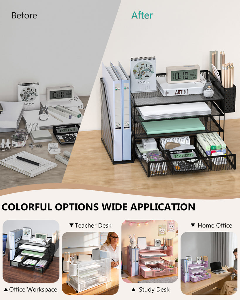 WALI Desk File Organizer, 4 Tier Desktop Paper Letter Tray Organizer with Drawer and 2 Pen Holders, Office Desk Accessories & Workspace Organizers for Office, Home Supplies(DO005DH-2B), 2 Packs, Black