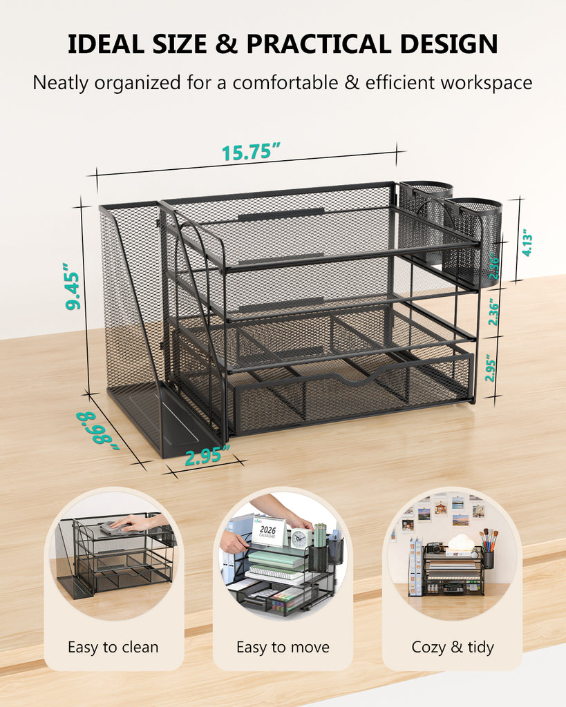 WALI Desk File Organizer, 4 Tier Desktop Paper Letter Tray Organizer with Drawer and 2 Pen Holders, Office Desk Accessories & Workspace Organizers for Office, Home Supplies(DO005DH-B), 1 Pack, Black