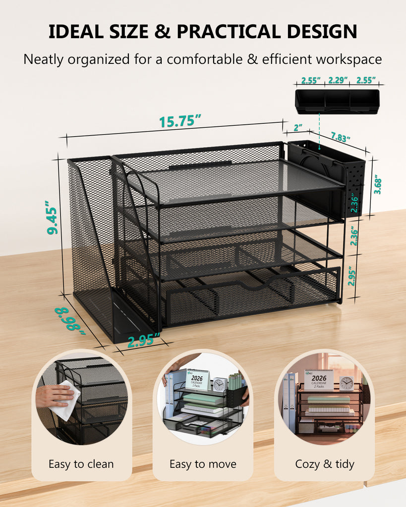 WALI Desk File Organizer, 4 Tier Desktop Paper Letter Tray Organizer with Drawer and 2 Pen Holders, Office Desk Accessories & Workspace Organizers for Office, Home Supplies(DO005DH-2B), 2 Packs, Black