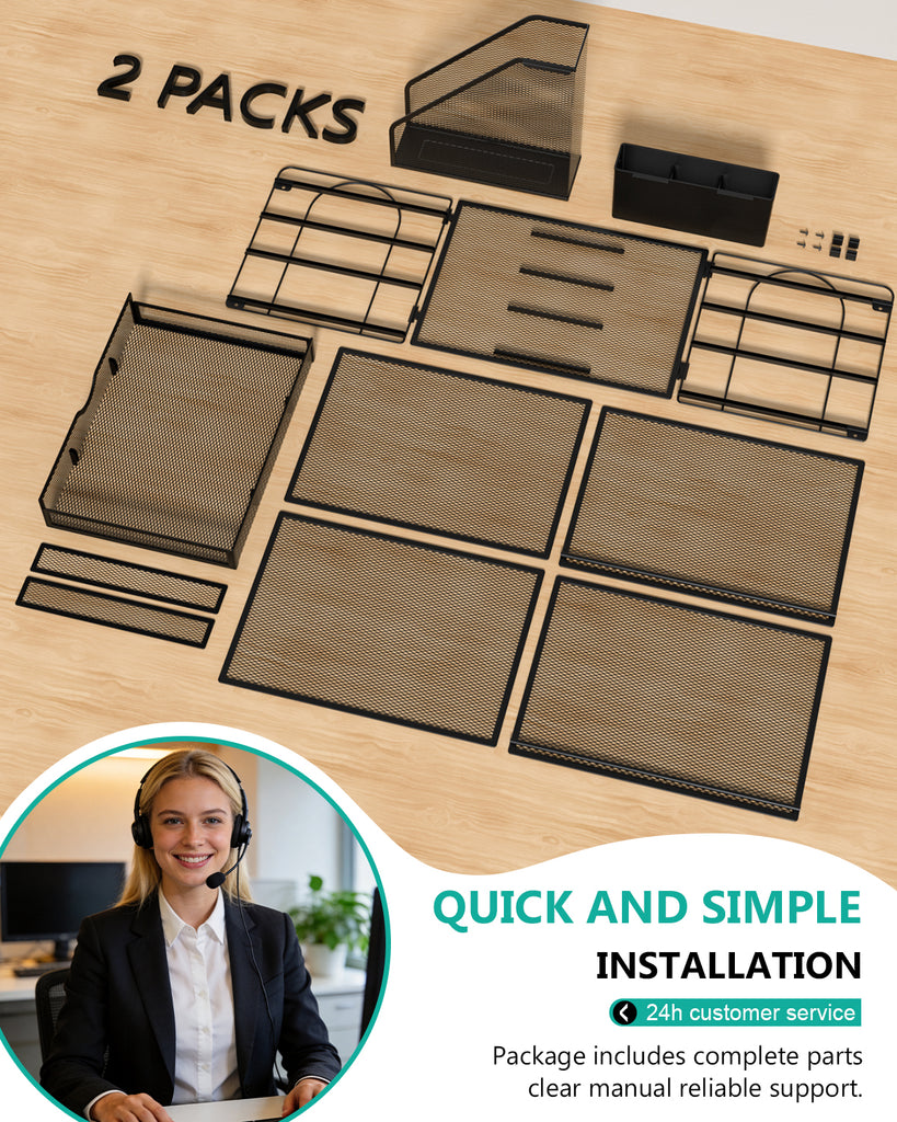 WALI Desk File Organizer, 4 Tier Desktop Paper Letter Tray Organizer with Drawer and 2 Pen Holders, Office Desk Accessories & Workspace Organizers for Office, Home Supplies(DO005DH-2B), 2 Packs, Black