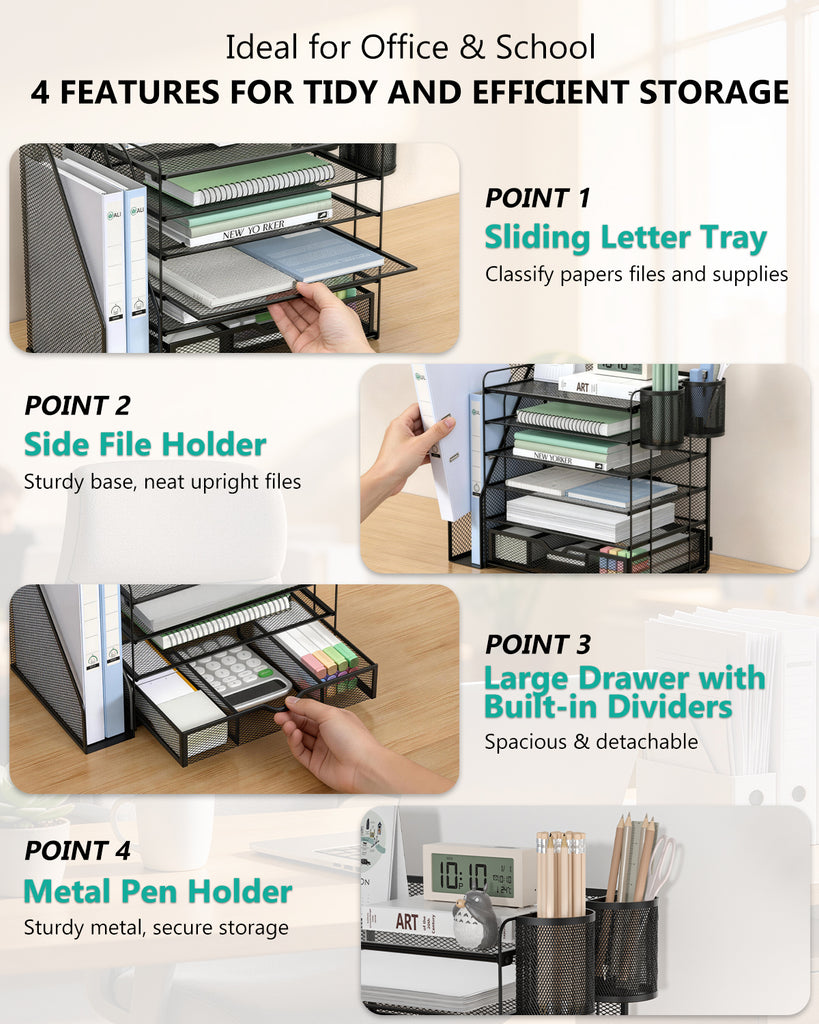 WALI Desk File Organizer, 6 Tier Desktop Paper Letter Tray Organizer with Drawer and 2 Pen Holders, Office Desk Accessories & Workspace Organizers for Office, Home Supplies(DO007DH-B), 1 Pack, Black