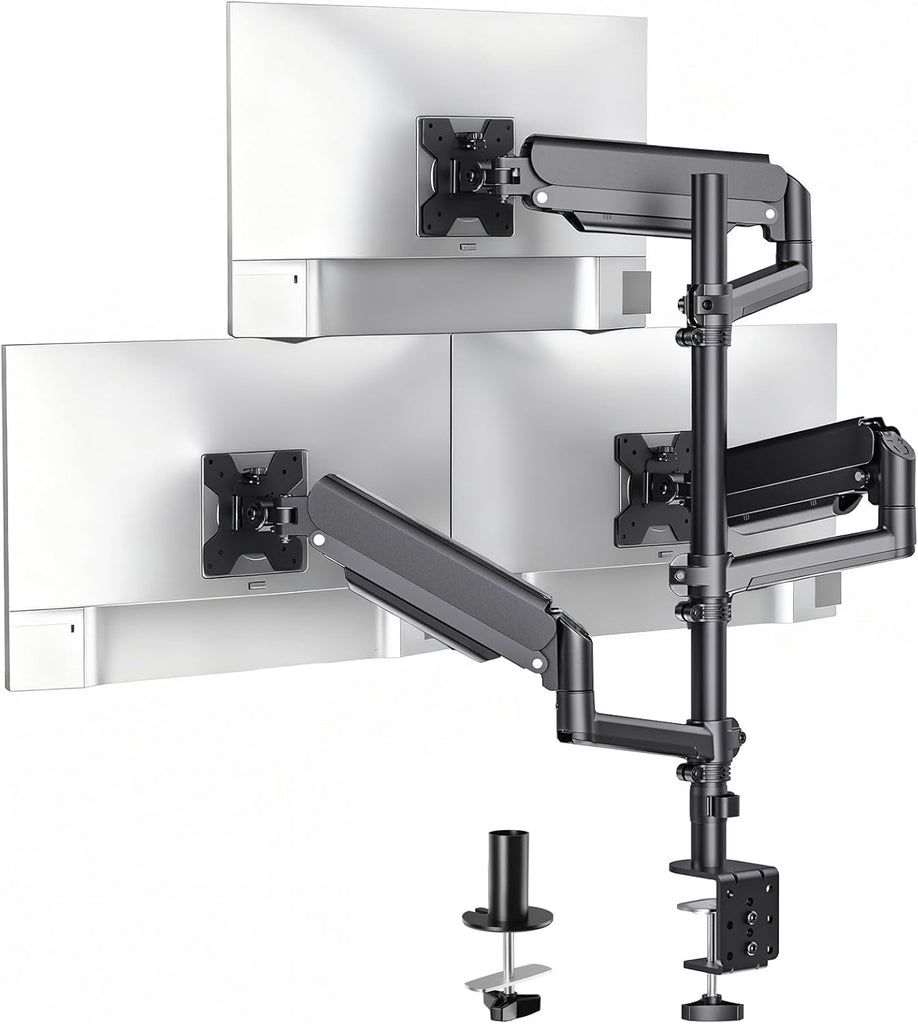 WALI Stacked Triple Monitor Mount for 13-34 inch Screens, 19.8 lbs per Arm | 3 Monitor Desk Mount, Full Motion with Tilt, Swivel, Rotation, C-Clamp & Grommet Base, VESA 75/100mm (GSDM003XL), Black