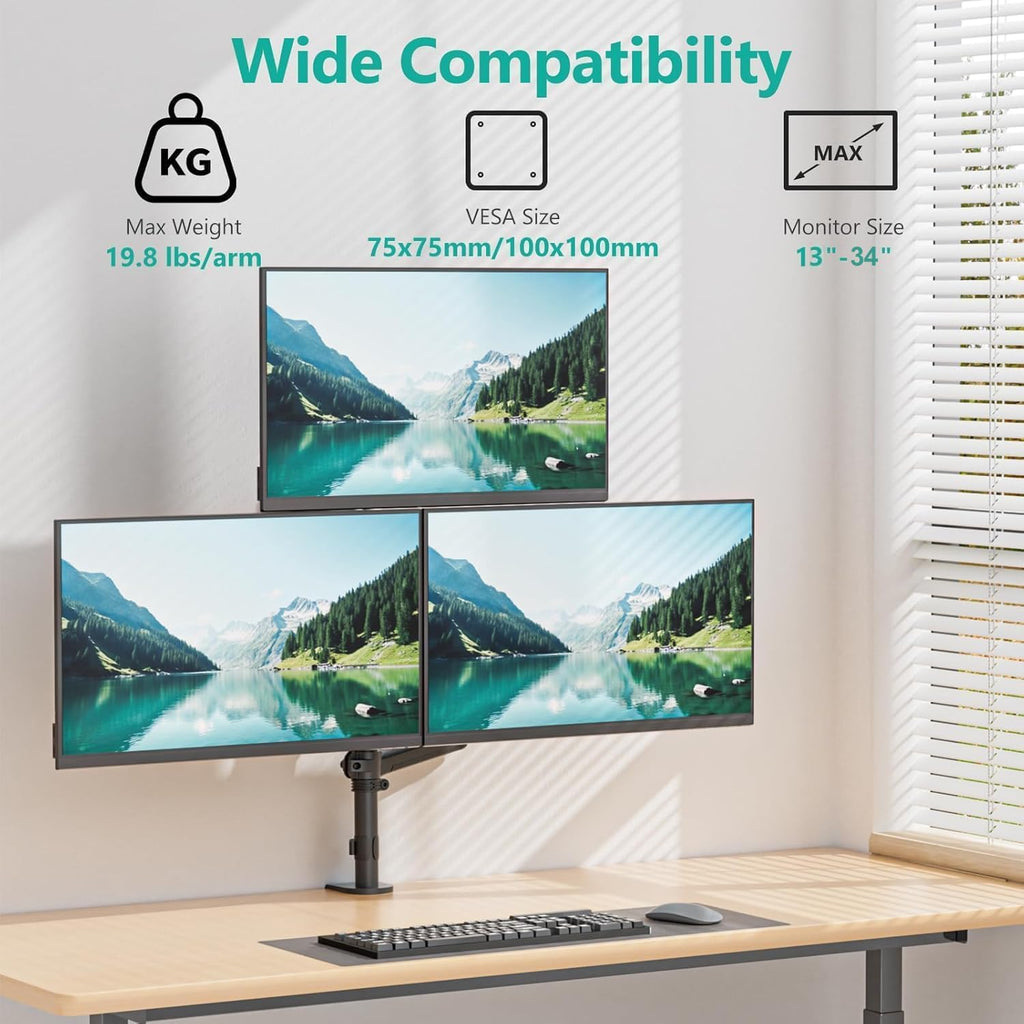 WALI Stacked Triple Monitor Mount for 13-34 inch Screens, 19.8 lbs per Arm | 3 Monitor Desk Mount, Full Motion with Tilt, Swivel, Rotation, C-Clamp & Grommet Base, VESA 75/100mm (GSDM003XL), Black