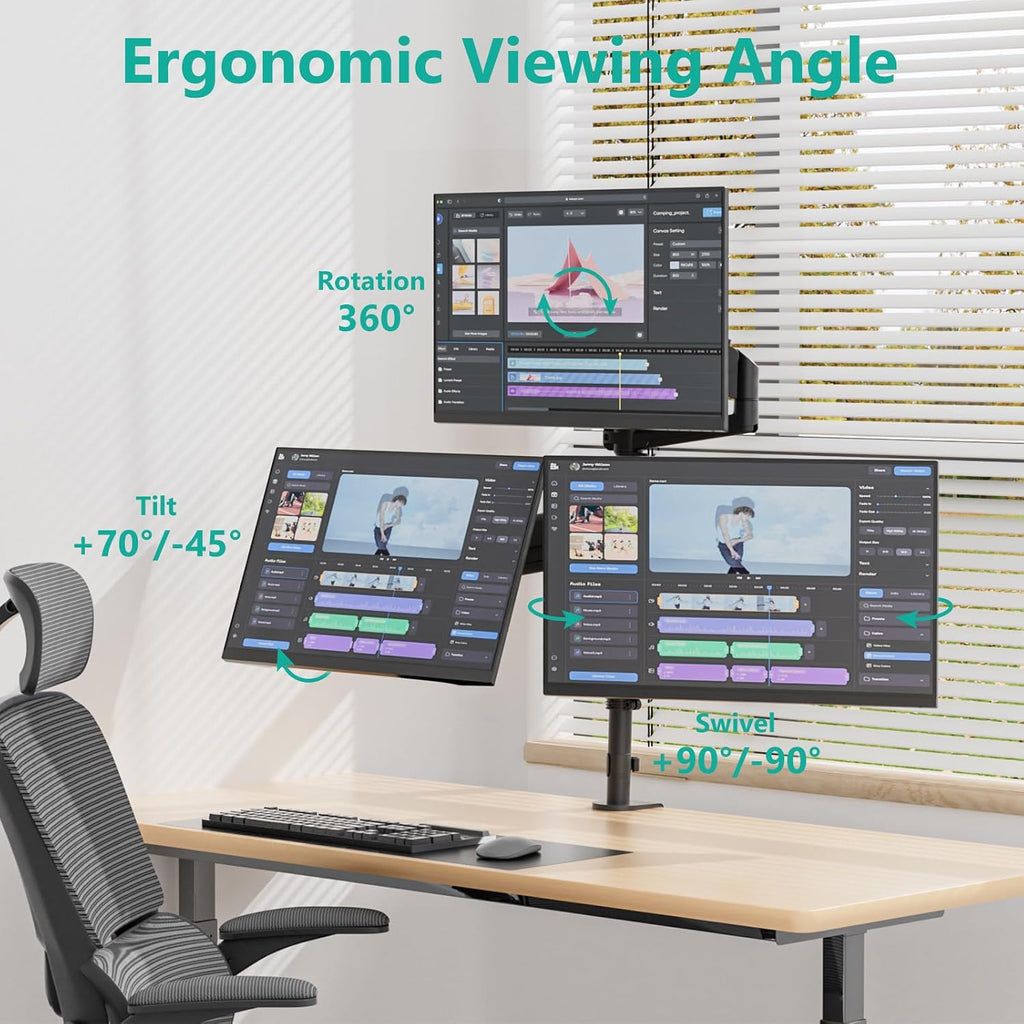 WALI Stacked Triple Monitor Mount for 13-34 inch Screens, 19.8 lbs per Arm | 3 Monitor Desk Mount, Full Motion with Tilt, Swivel, Rotation, C-Clamp & Grommet Base, VESA 75/100mm (GSDM003XL), Black