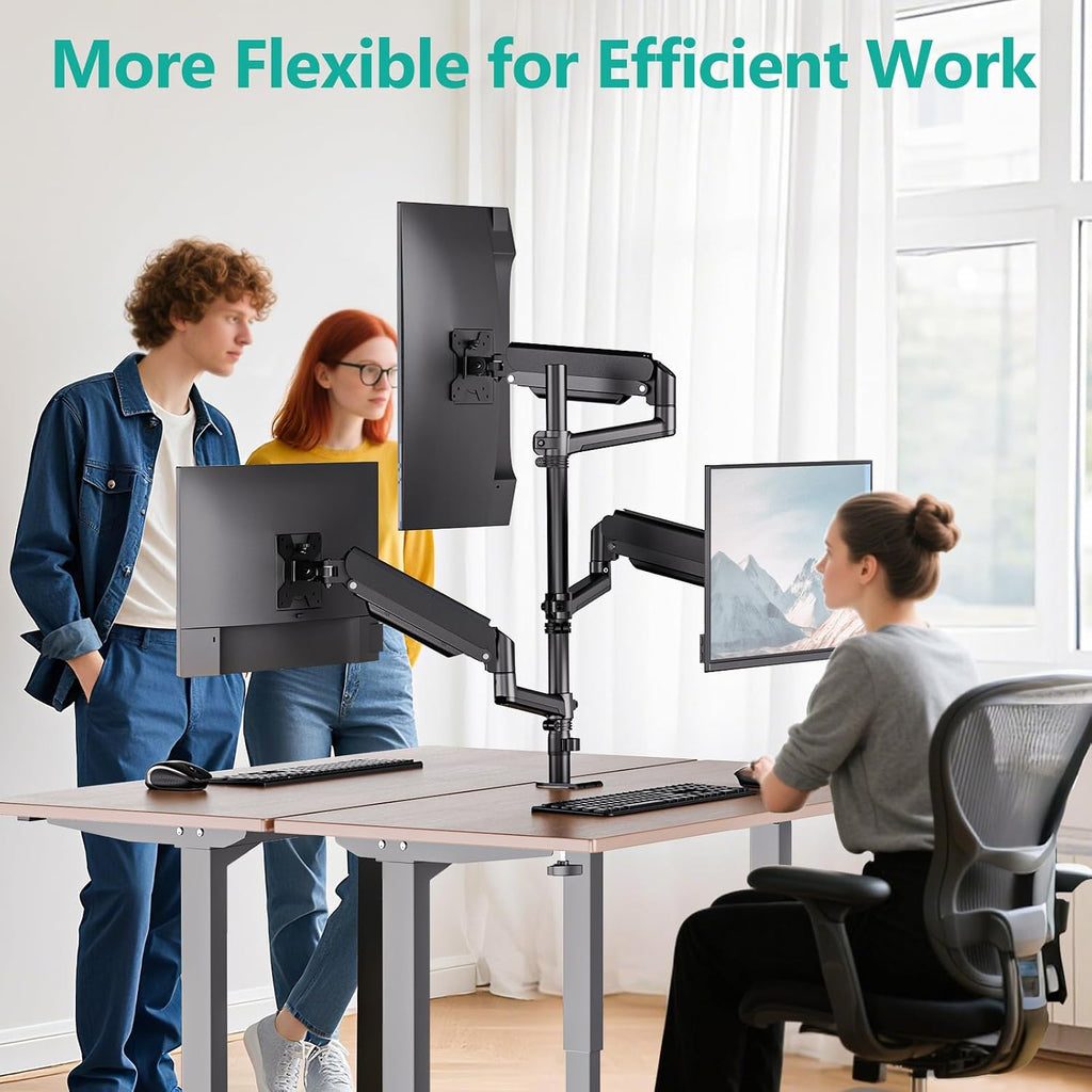 WALI Stacked Triple Monitor Mount for 13-34 inch Screens, 19.8 lbs per Arm | 3 Monitor Desk Mount, Full Motion with Tilt, Swivel, Rotation, C-Clamp & Grommet Base, VESA 75/100mm (GSDM003XL), Black