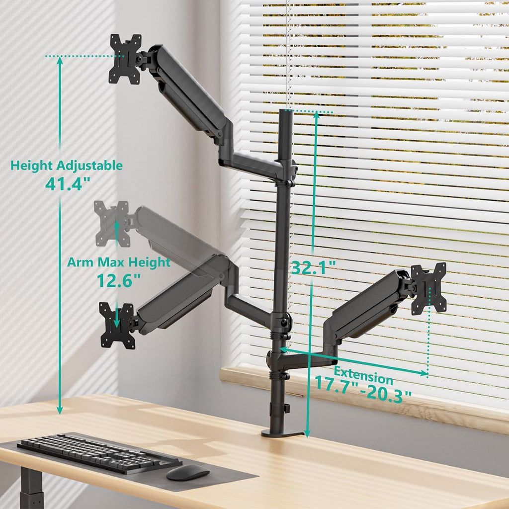 WALI Stacked Triple Monitor Mount for 13-34 inch Screens, 19.8 lbs per Arm | 3 Monitor Desk Mount, Full Motion with Tilt, Swivel, Rotation, C-Clamp & Grommet Base, VESA 75/100mm (GSDM003XL), Black