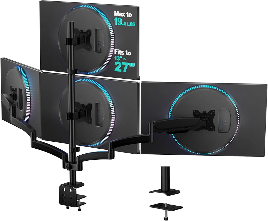 WALI Stacked 4 Monitor Mount for 13-27 inch Screens, 19.8 lbs per Arm | Tall Quad Monitor Stand for Desk, Full Motion with Tilt, Swivel, C-Clamp & Grommet Base, VESA 75/100mm (GSDM004S), Black