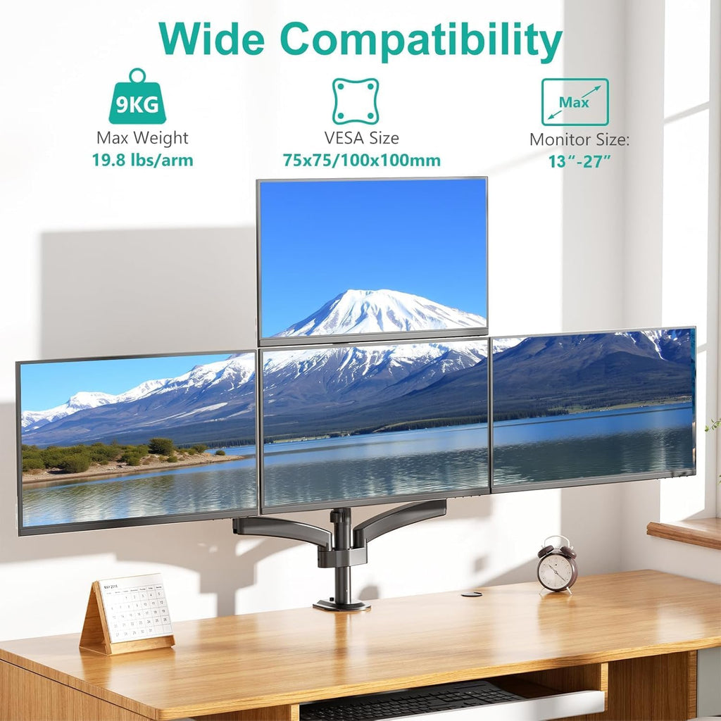 WALI Stacked 4 Monitor Mount for 13-27 inch Screens, 19.8 lbs per Arm | Tall Quad Monitor Stand for Desk, Full Motion with Tilt, Swivel, C-Clamp & Grommet Base, VESA 75/100mm (GSDM004S), Black