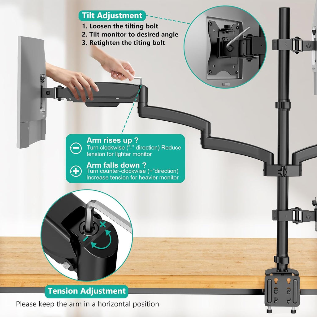 WALI Stacked 4 Monitor Mount for 13-27 inch Screens, 19.8 lbs per Arm | Tall Quad Monitor Stand for Desk, Full Motion with Tilt, Swivel, C-Clamp & Grommet Base, VESA 75/100mm (GSDM004S), Black