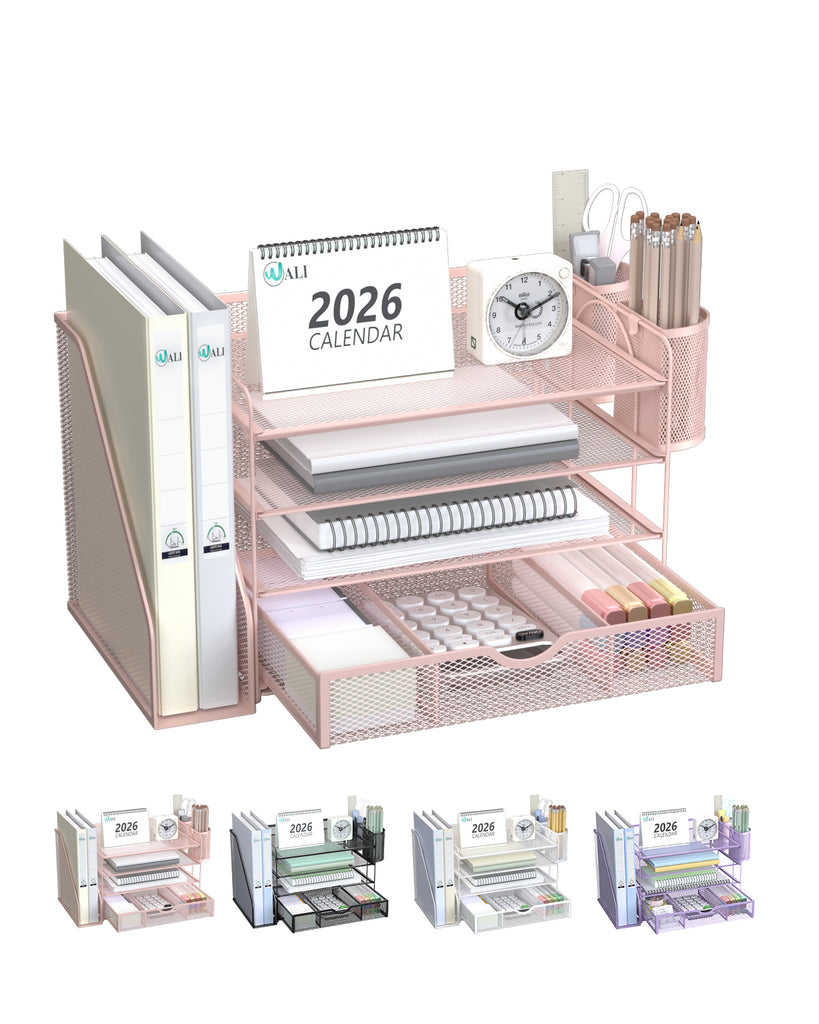 WALI Desk File Organizer, 4 Tier Desktop Paper Letter Tray Organizer with Drawer and 2 Pen Holders, Office Desk Accessories & Workspace Organizers for Office, Home Supplies(DO005DH-P), 1 Pack, Pink