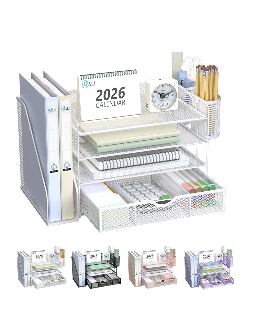 WALI Desk File Organizer, 4 Tier Desktop Paper Letter Tray Organizer with Drawer and 2 Pen Holders, Office Desk Accessories & Workspace Organizers for Office, Home Supplies(DO005DH-W), 1 Pack, White