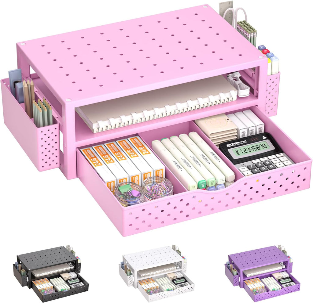 WALI Desk Organizer with Drawer and Pen Holder, 3 Tier Computer Monitor Stand for Home Office Supplies, Laptop Stand Riser for Computer, Laptop, Printer(PTT004-P), 1 Pack, Pink