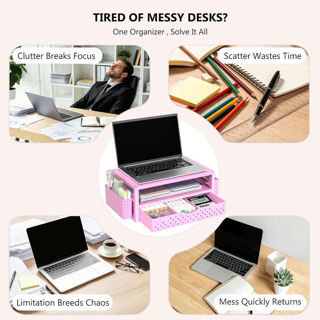 WALI Desk Organizer with Drawer and Pen Holder, 3 Tier Computer Monitor Stand for Home Office Supplies, Laptop Stand Riser for Computer, Laptop, Printer(PTT004-P), 1 Pack, Pink