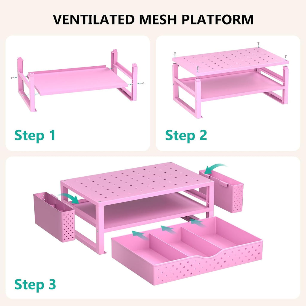 WALI Desk Organizer with Drawer and Pen Holder, 3 Tier Computer Monitor Stand for Home Office Supplies, Laptop Stand Riser for Computer, Laptop, Printer(PTT004-P), 1 Pack, Pink