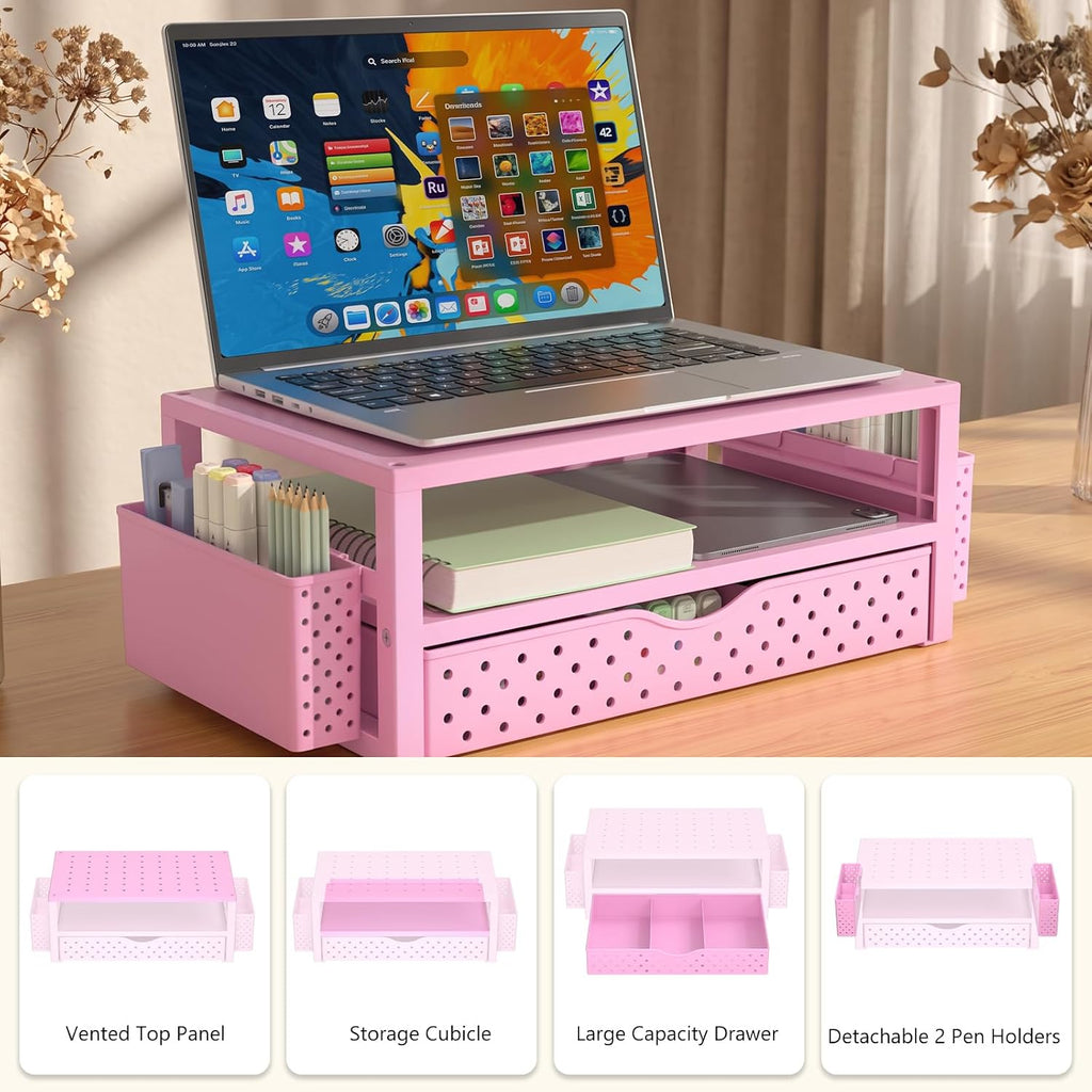 WALI Desk Organizer with Drawer and Pen Holder, 3 Tier Computer Monitor Stand for Home Office Supplies, Laptop Stand Riser for Computer, Laptop, Printer(PTT004-P), 1 Pack, Pink
