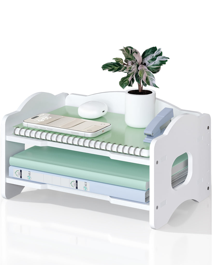 WALI Desk File Organizer, 2 Tier Stackable Desktop Paper Letter Tray Organizer with Handle, Office Desk Accessories & Workspace Organizers for Office, Home, School Supplies, 1 Pack, White