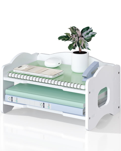 WALI Desk File Organizer, 2 Tier Stackable Desktop Paper Letter Tray Organizer with Handle, Office Desk Accessories & Workspace Organizers for Office, Home, School Supplies, 1 Pack, White