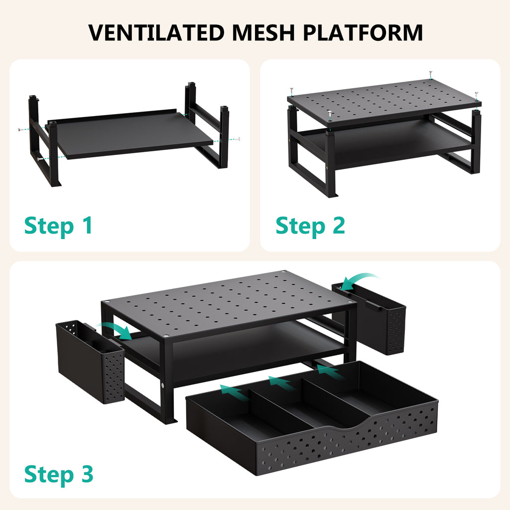 WALI Monitor Stand Riser with Drawer and 2 Pen Holders, Desk Organizers and Accessories for Computer, Printer, Laptop Stand for Home Office Supplies, (PTT004-B), 1 Pack, Black