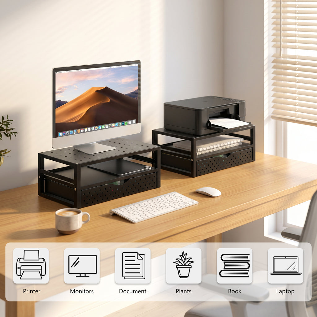 WALI Monitor Stand Riser with Drawer, Desk Organizers and Accessories for Computer, Printer, Laptop Stand for Home Office Supplies, (PTT005-B), 1 Pack, Black