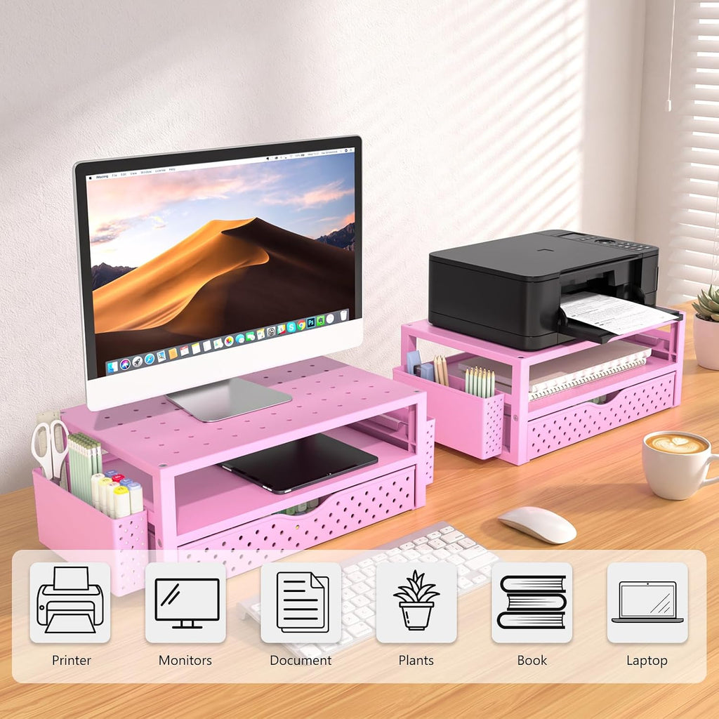 WALI Desk Organizer with Drawer and Pen Holder, 3 Tier Computer Monitor Stand for Home Office Supplies, Laptop Stand Riser for Computer, Laptop, Printer(PTT004-P), 1 Pack, Pink
