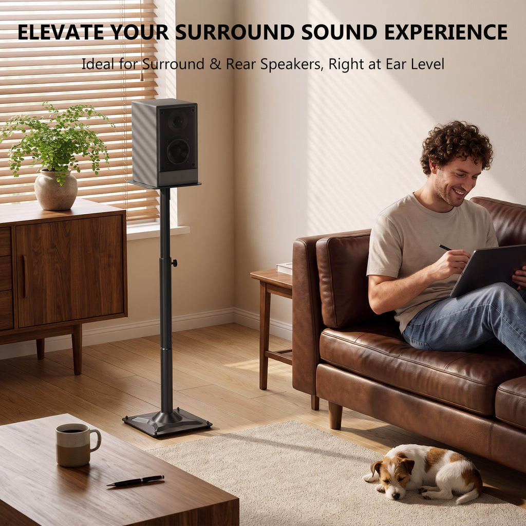 WALI Universal Speaker Stand, Surround Sound Speaker Stands with Adjustable Height Standard Bookshelf Speaker Mount for Living Room, Home Theater,(SFS002), 2 Pack, Black