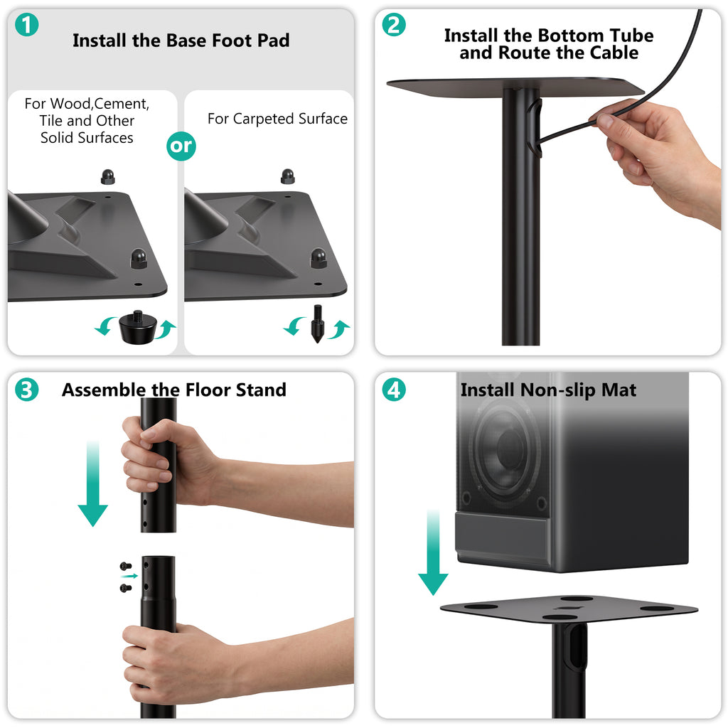 WALI Universal Speaker Stand, Surround Sound Speaker Stands with Adjustable Height Standard Bookshelf Speaker Mount for Living Room, Home Theater,(SFS002), 2 Pack, Black