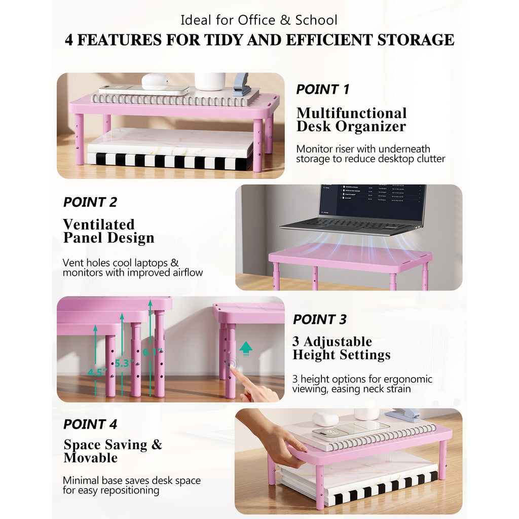 WALI Desk Organizer, 1 Tier Computer Monitor Stand for Desk, Desk Monitor Riser 3 Height Adjustable, Laptop Stand Underneath Storage for Office, Home, School Supplies (STT003-P), 1 Pack, Pink