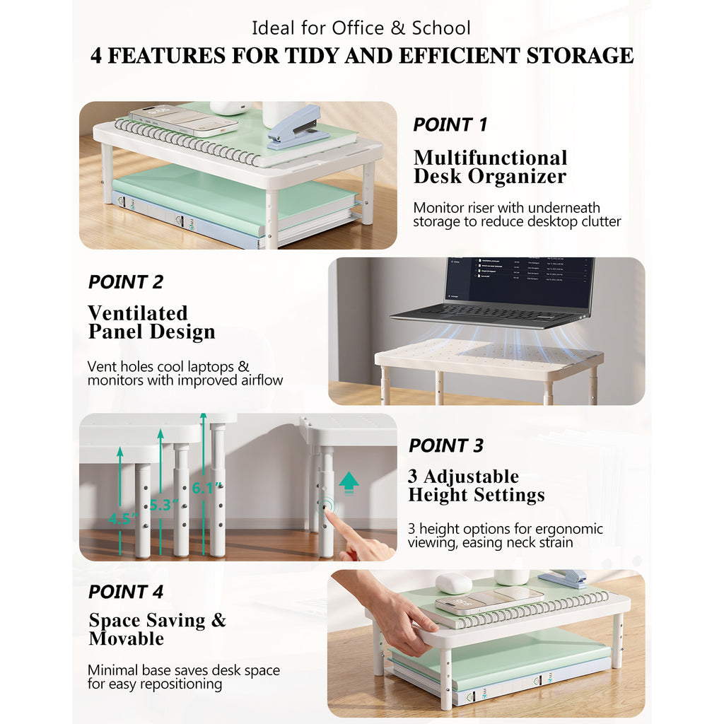 WALI Desk Organizer, 1 Tier Computer Monitor Stand for Desk, Desk Monitor Riser 3 Height Adjustable, Laptop Stand Underneath Storage for Office, Home, School Supplies (STT003-W), 1 Pack, White