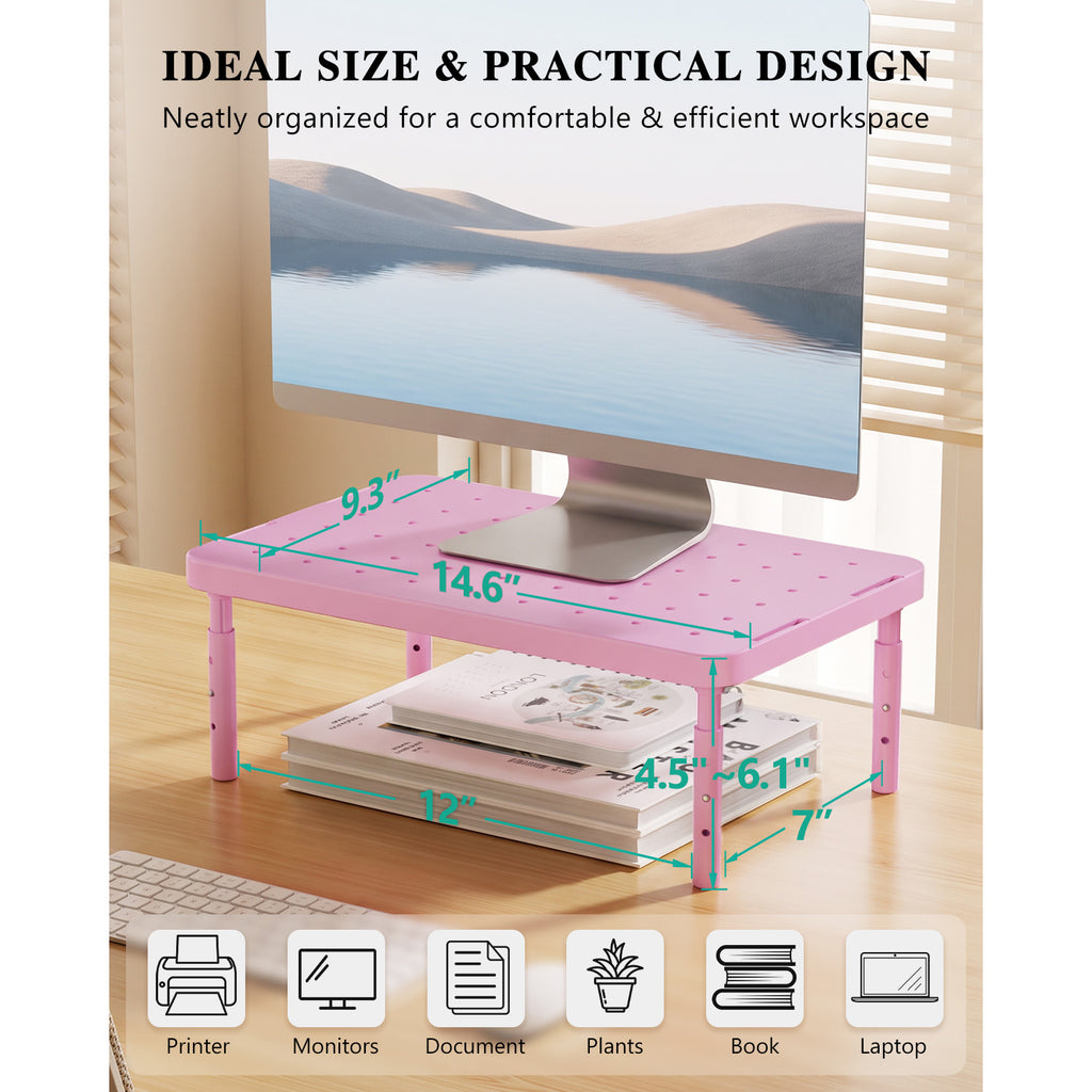 WALI Desk Organizer, 1 Tier Computer Monitor Stand for Desk, Desk Monitor Riser 3 Height Adjustable, Laptop Stand Underneath Storage for Office, Home, School Supplies (STT003-P), 1 Pack, Pink