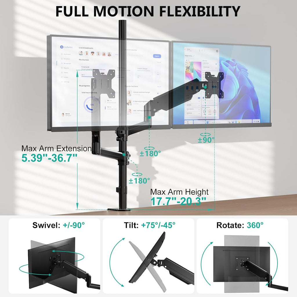 WALI Vertical Dual Monitor Mount for 13-40 inch Curved Screens, up to 22lbs | Stacked Monitor Stand, 31.5 inch Extra Tall Pole, Full Motion with Tilt, Swivel, Rotation, C-Clamp, VESA 75/100mm (GSDM002XL)