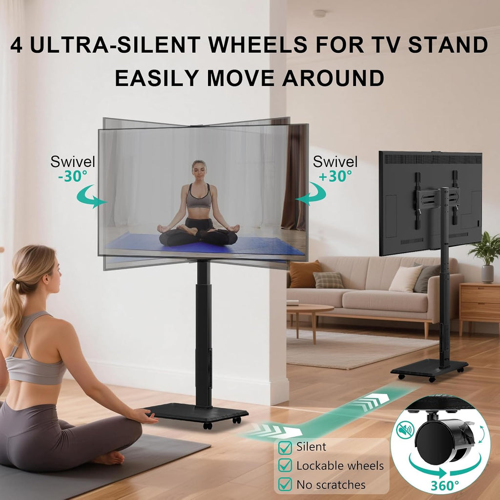 WALI Rolling TV Stand Cart with Power Outlet for 39-75”, Bedroom, Black Supports 110 lbs, 60° swivel & multi-height adjust; built-in 3AC+2USB power hub; lockable rolling wheels for living room, bedroom