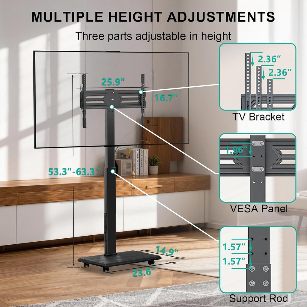 WALI Rolling TV Stand Cart with Power Outlet for 39-75”, Bedroom, Black Supports 110 lbs, 60° swivel & multi-height adjust; built-in 3AC+2USB power hub; lockable rolling wheels for living room, bedroom