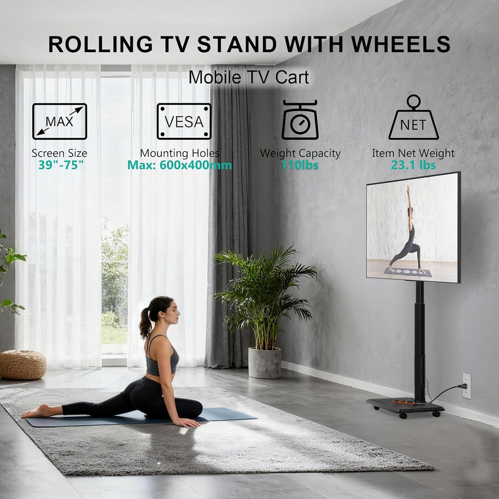 WALI Rolling TV Stand Cart with Power Outlet for 39-75”, Bedroom, Black Supports 110 lbs, 60° swivel & multi-height adjust; built-in 3AC+2USB power hub; lockable rolling wheels for living room, bedroom