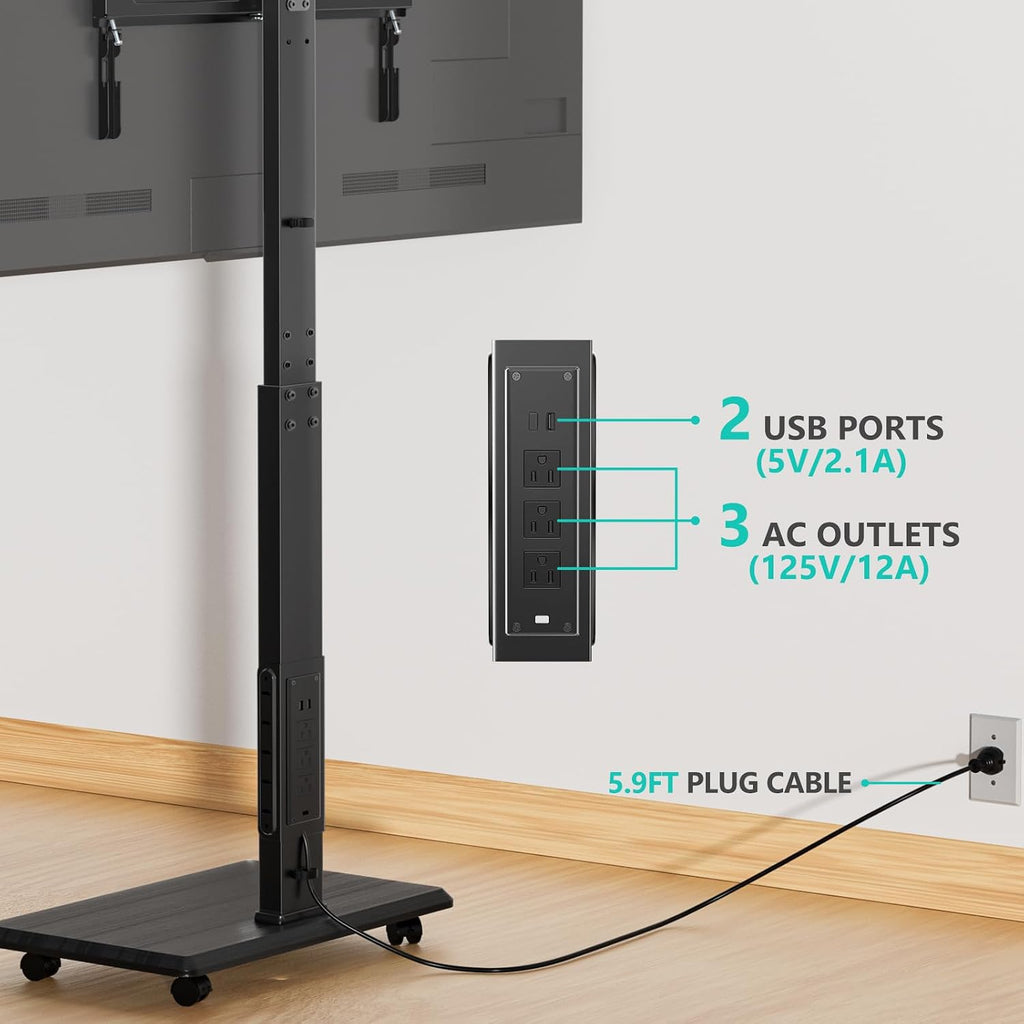 WALI Rolling TV Stand Cart with Power Outlet for 39-75”, Bedroom, Black Supports 110 lbs, 60° swivel & multi-height adjust; built-in 3AC+2USB power hub; lockable rolling wheels for living room, bedroom