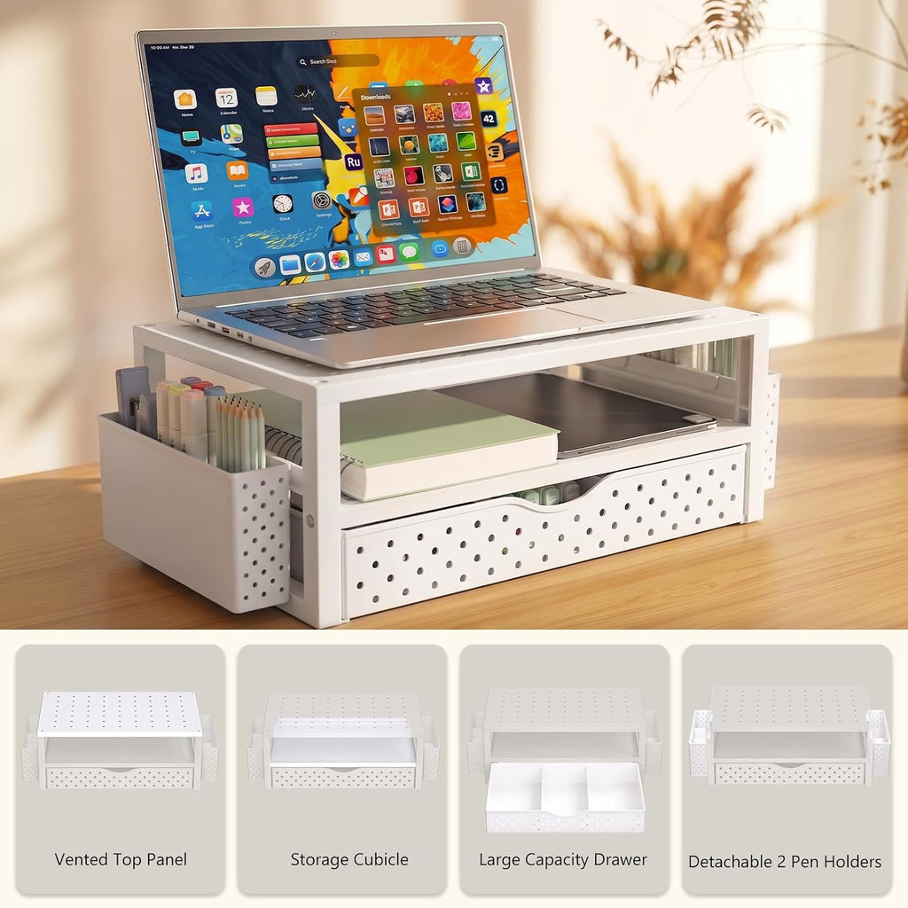 WALI Desk Organizer with Drawer and Pen Holder, 3 Tier Computer Monitor Stand for Home Office Supplies, Laptop Stand Riser for Computer, Laptop, Printer(PTT004-W), 1 Pack, White