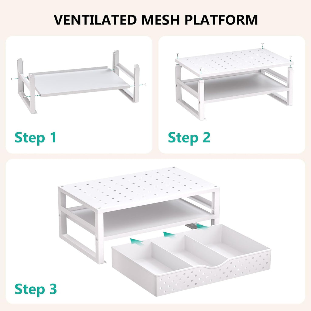 WALI Desk Organizer with Drawer，Computer Monitor Stand with Storage, Desk Organizers and Accessories for Computer, Printer, Laptop Riser for Home Office Supplies, (PTT005-W), 1 Pack, White