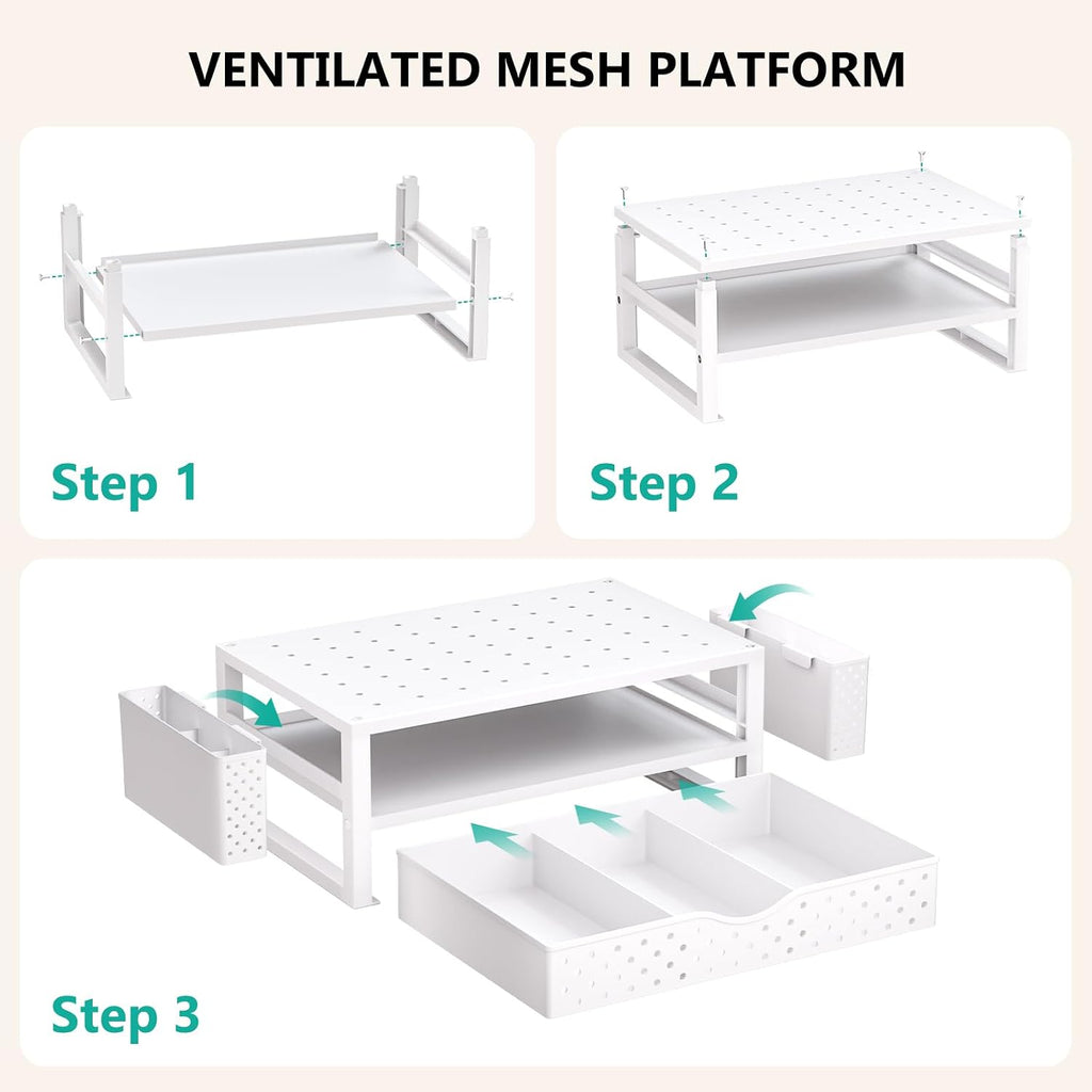 WALI Desk Organizer with Drawer and Pen Holder, 3 Tier Computer Monitor Stand for Home Office Supplies, Laptop Stand Riser for Computer, Laptop, Printer(PTT004-W), 1 Pack, White