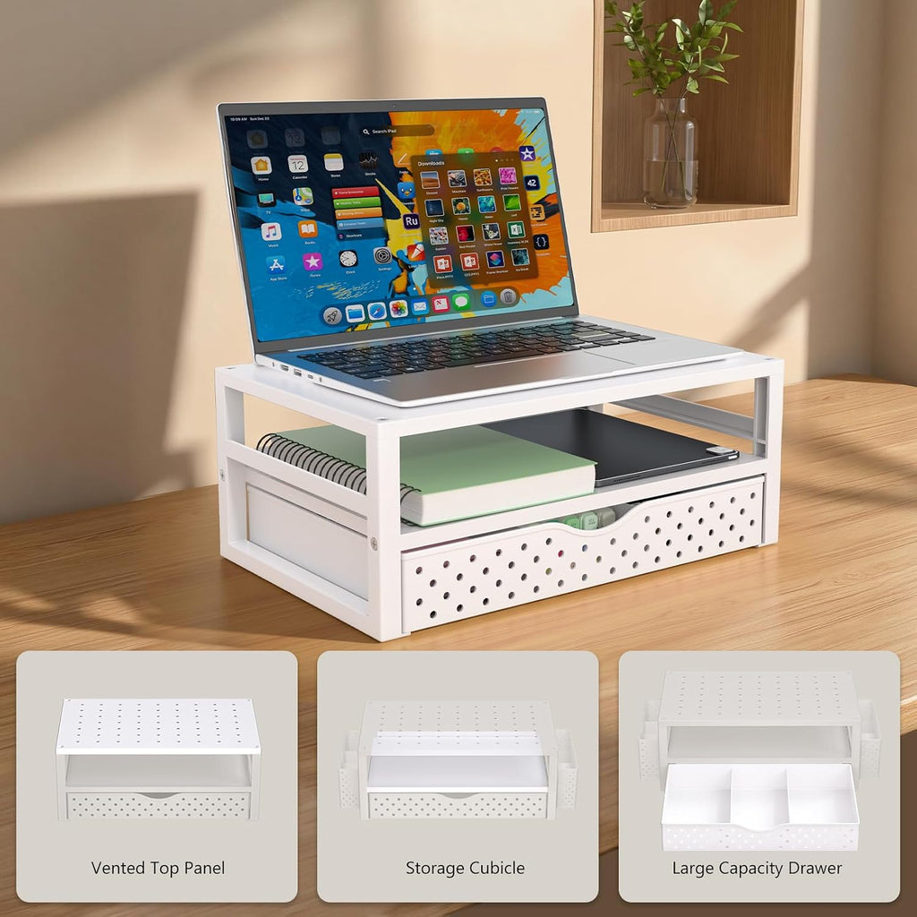 WALI Desk Organizer with Drawer，Computer Monitor Stand with Storage, Desk Organizers and Accessories for Computer, Printer, Laptop Riser for Home Office Supplies, (PTT005-W), 1 Pack, White