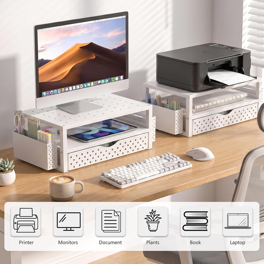 WALI Desk Organizer with Drawer and Pen Holder, 3 Tier Computer Monitor Stand for Home Office Supplies, Laptop Stand Riser for Computer, Laptop, Printer(PTT004-W), 1 Pack, White