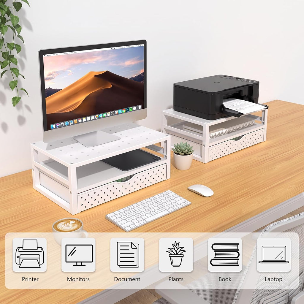 WALI Desk Organizer with Drawer，Computer Monitor Stand with Storage, Desk Organizers and Accessories for Computer, Printer, Laptop Riser for Home Office Supplies, (PTT005-W), 1 Pack, White