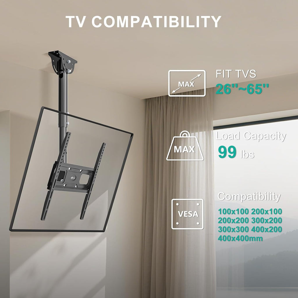 WALI Ceiling TV Mount for Most 26-65 inch LCD LED OLED 4K TVs, up to 99 lbs | Hanging Pole Ceiling Mount TV Bracket Up Down, Full Motion with Height Adjustment, Tilt, Swivel,Max VESA 400x400mm (CM2665-P)